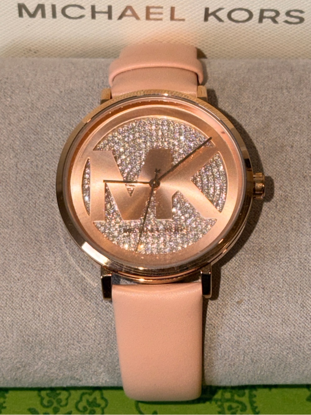 Michael Kors Women's Rose Gold MK Logo Crystal Dial Pink Leather Strap Watch NEW